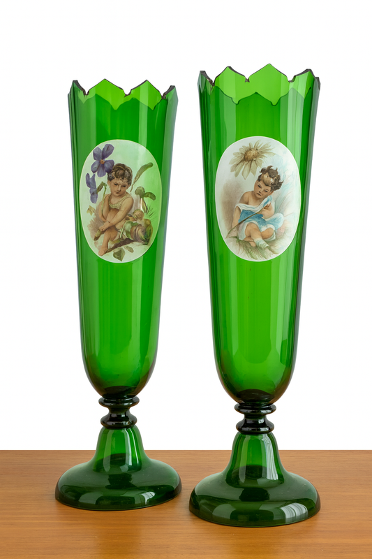 Pair of 19th Century Moser Glass Vases – Hand-Painted, 46cm