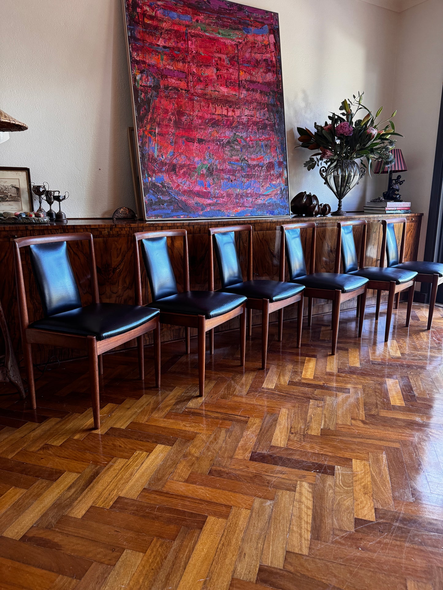 Set of 6 Parker T-Back Dining Chairs — Teak & Black Vinyl Model 88