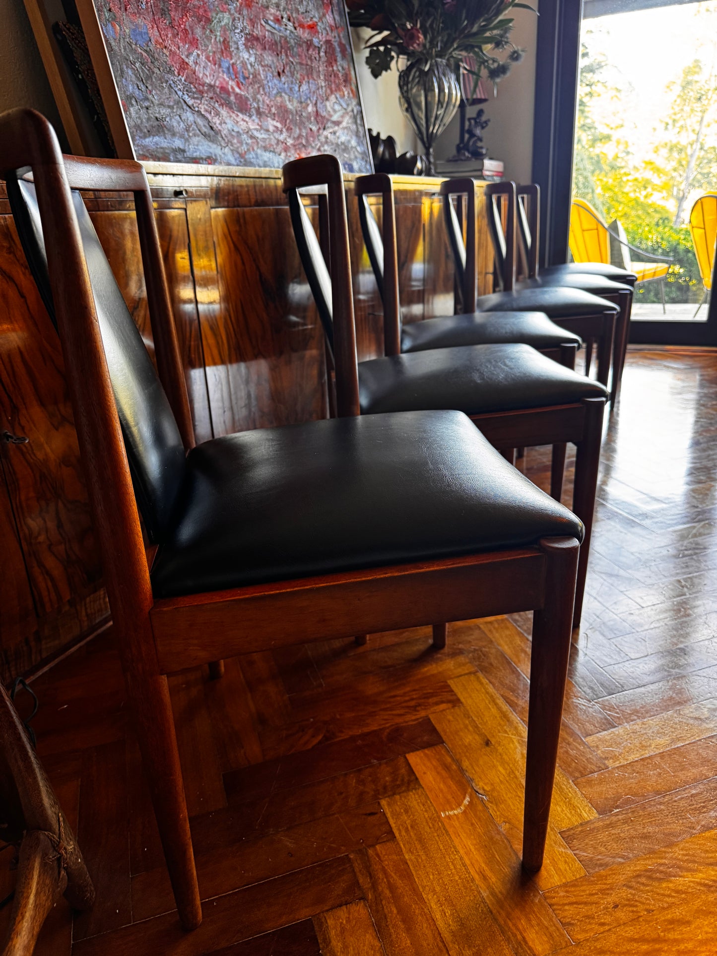 Set of 6 Parker T-Back Dining Chairs — Teak & Black Vinyl Model 88