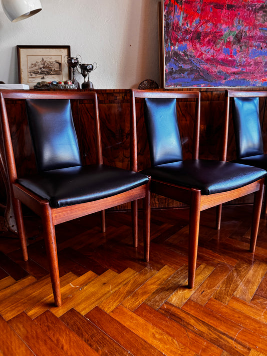 Set of 6 Parker T-Back Dining Chairs — Teak & Black Vinyl Model 88