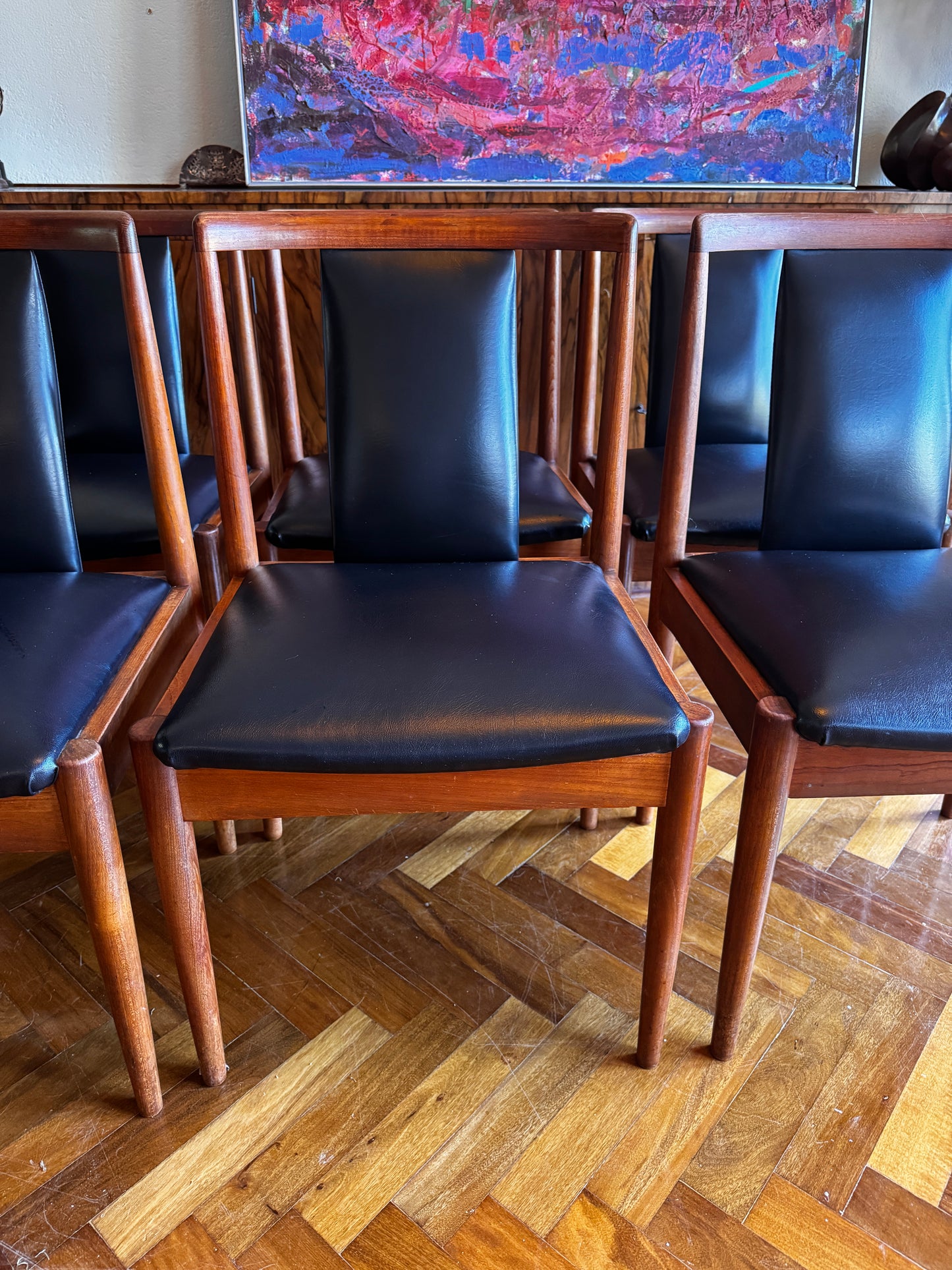 Set of 6 Parker T-Back Dining Chairs — Teak & Black Vinyl Model 88