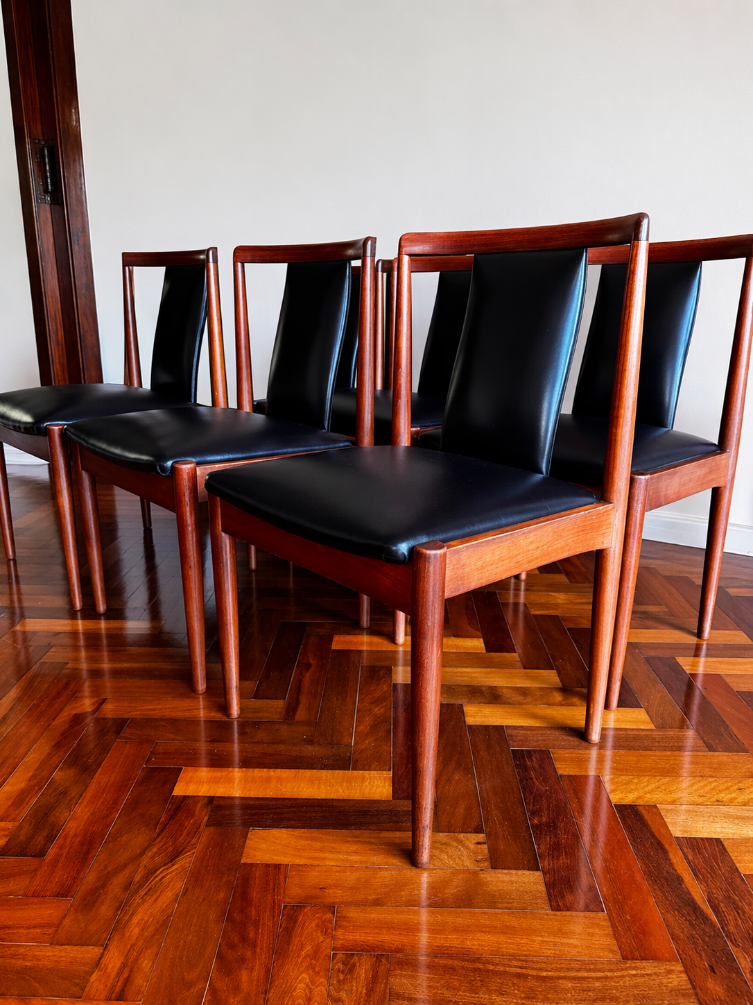 Set of 6 Parker T-Back Dining Chairs — Teak & Black Vinyl Model 88