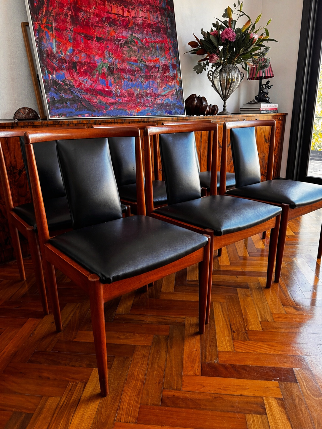Set of 6 Parker T-Back Dining Chairs — Teak & Black Vinyl Model 88