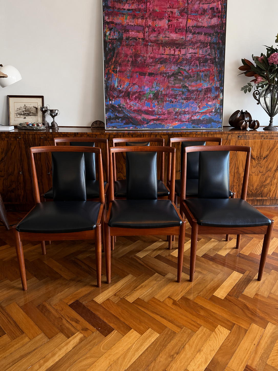 Set of 6 Parker T-Back Dining Chairs — Teak & Black Vinyl Model 88