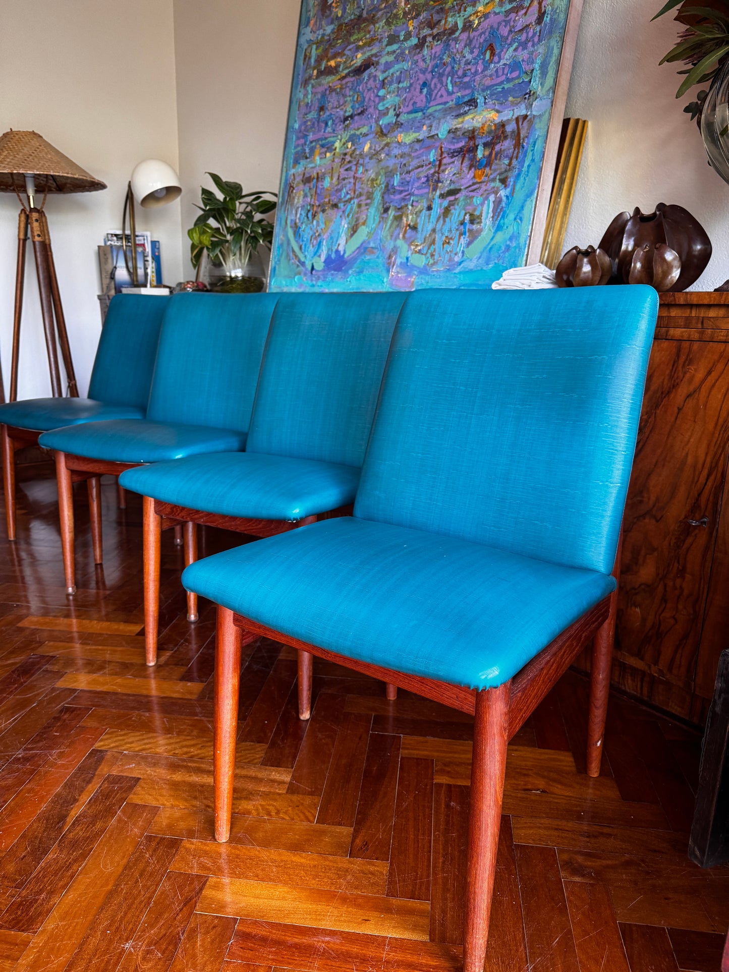 Set of 6 1960s turquoise Parker Slab Back dining chairs