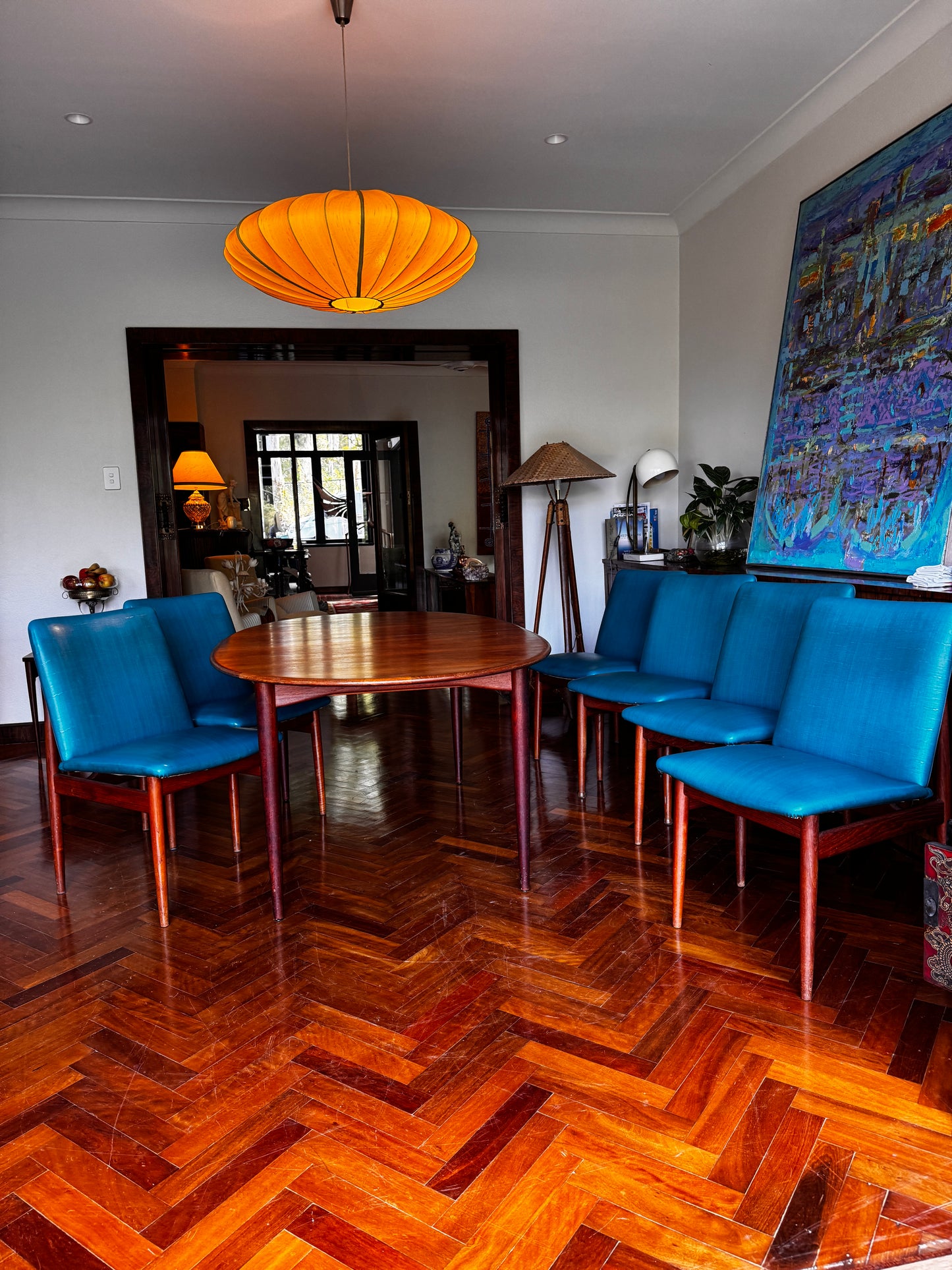 Set of 6 1960s turquoise Parker Slab Back dining chairs