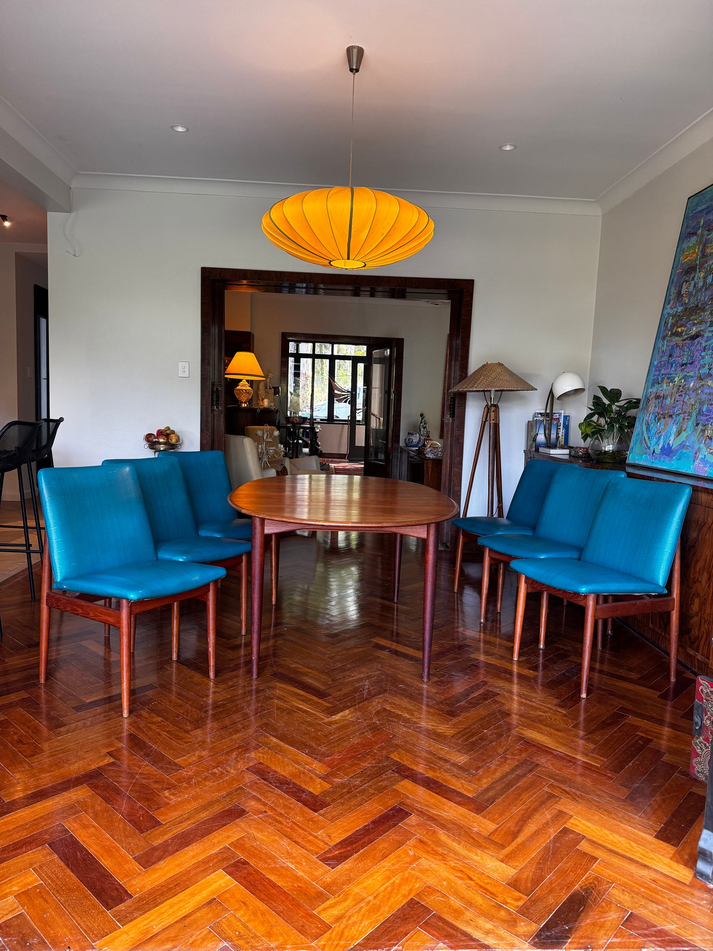 Set of 6 1960s turquoise Parker Slab Back dining chairs