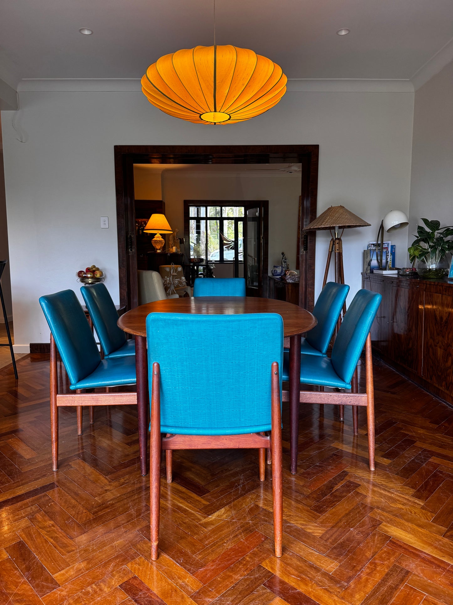 Set of 6 1960s turquoise Parker Slab Back dining chairs