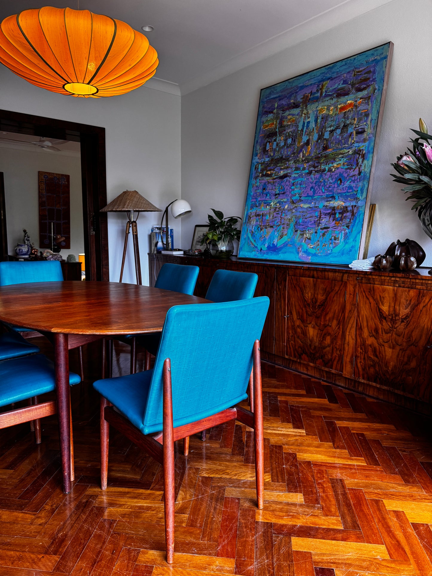 Set of 6 1960s turquoise Parker Slab Back dining chairs
