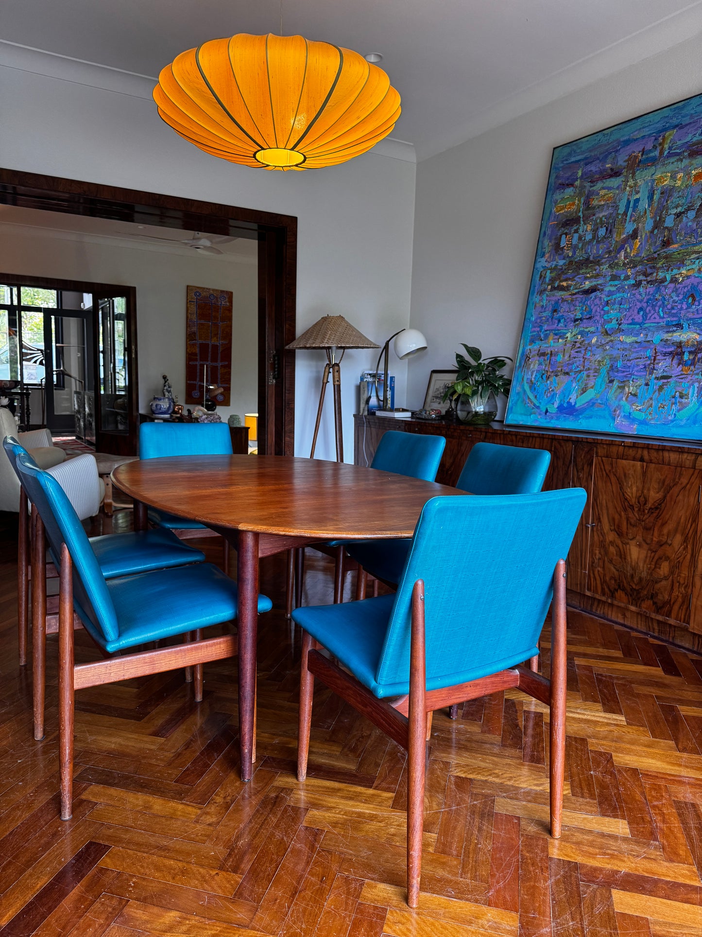 Set of 6 1960s turquoise Parker Slab Back dining chairs