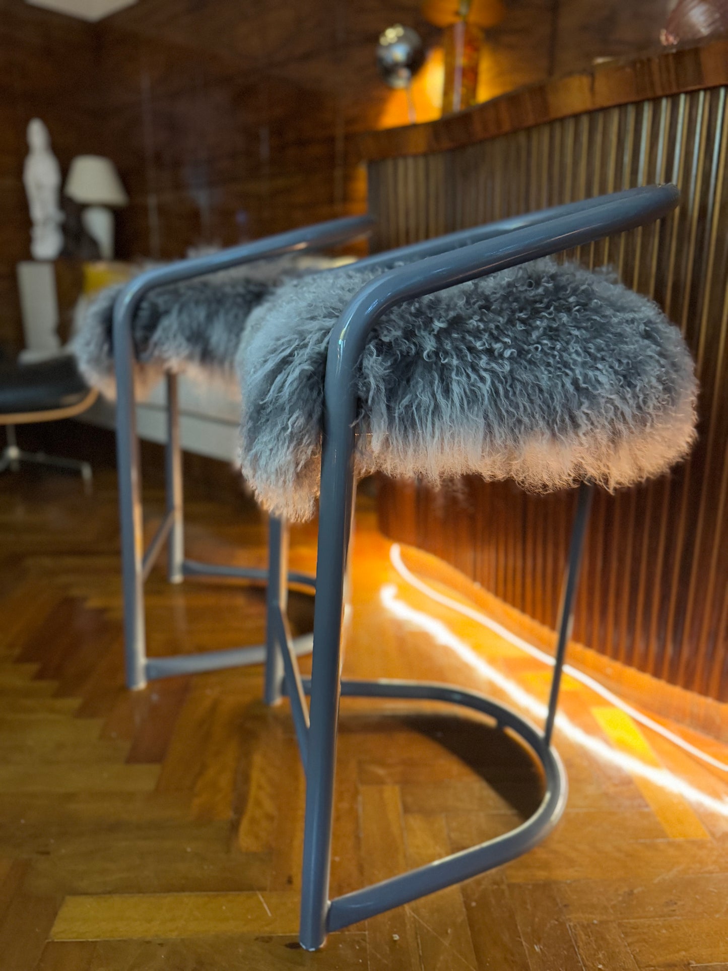 Kitchen counter stools with Mongolian sheepskin upholstered seats