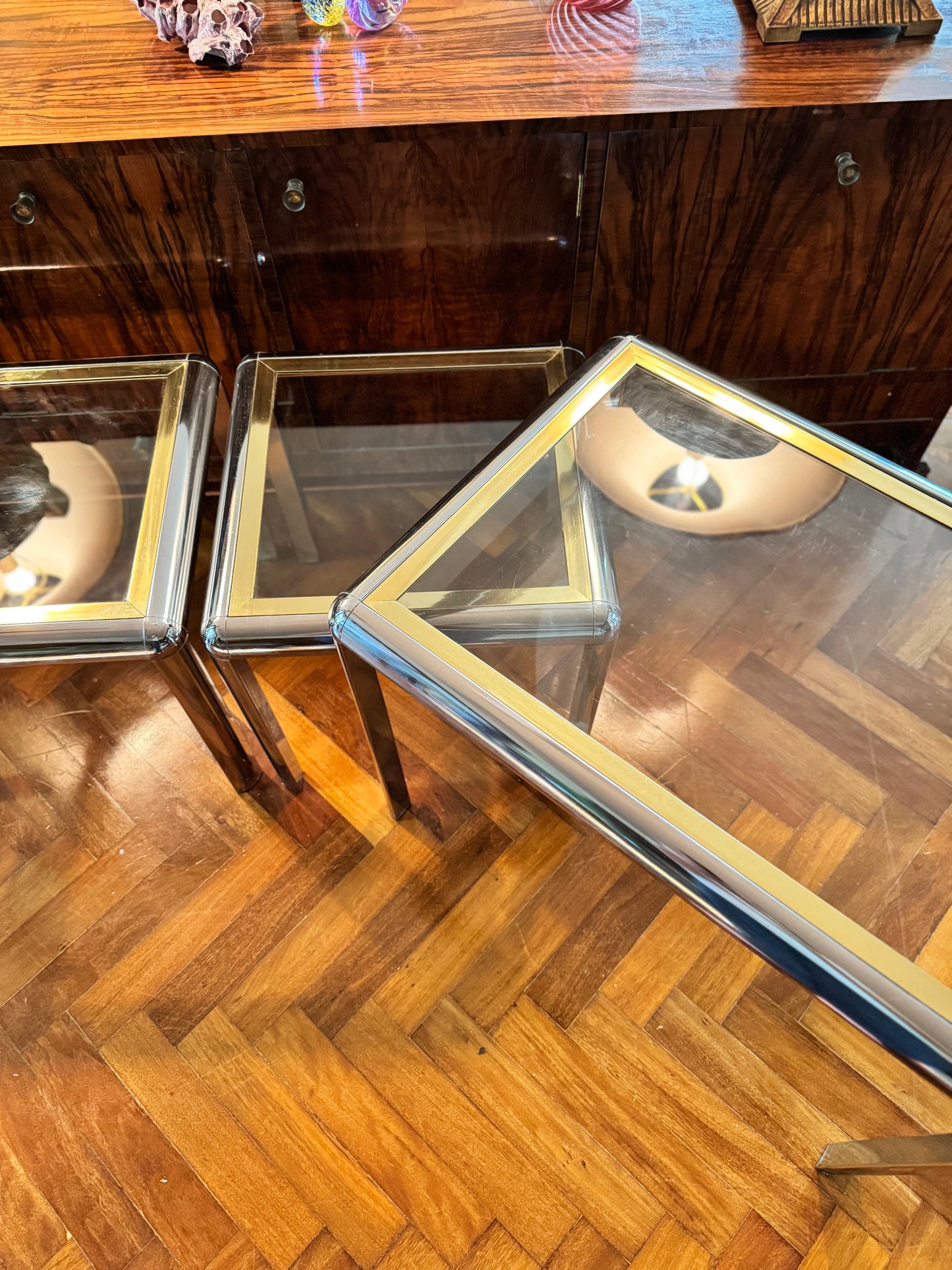 1970s chrome and brass tubular table set of 3