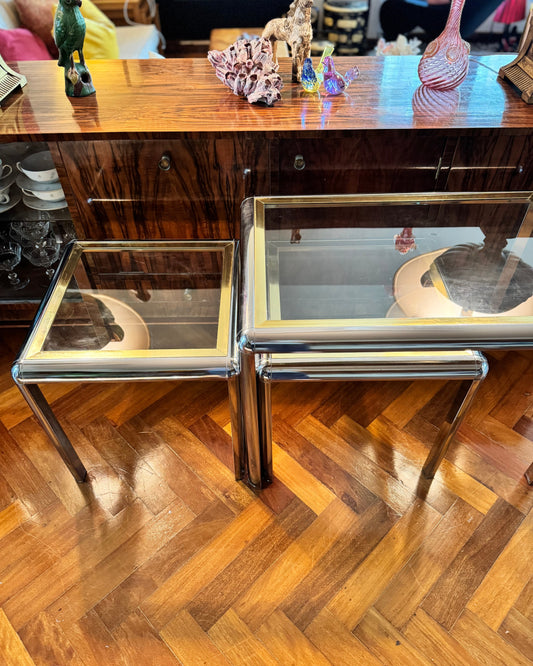 1970s chrome and brass tubular table set of 3