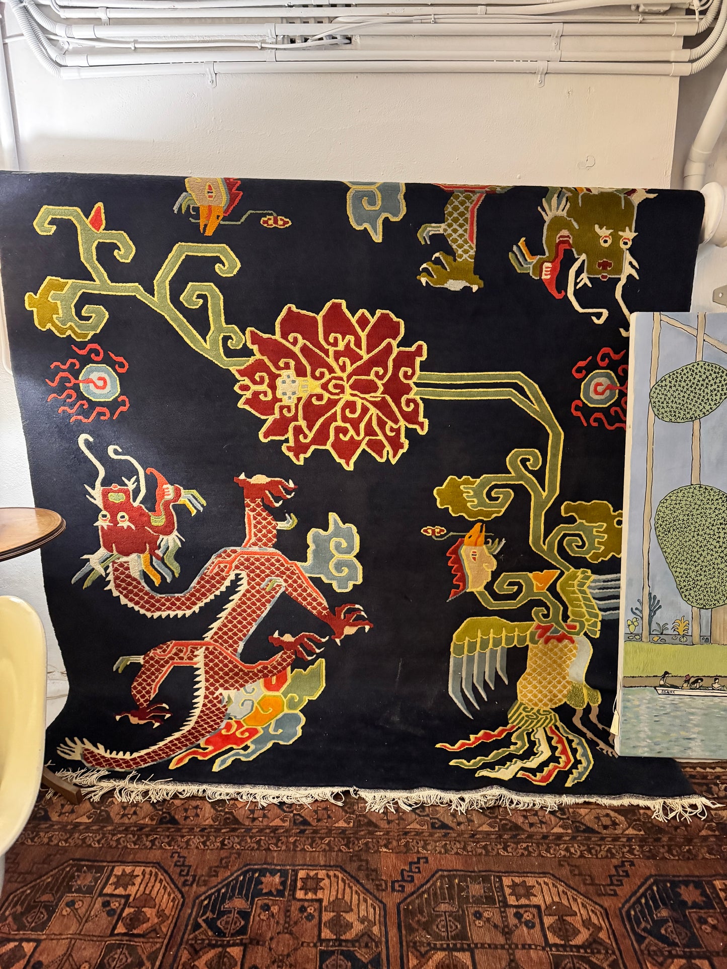 Vintage Tibetan dragon area rug