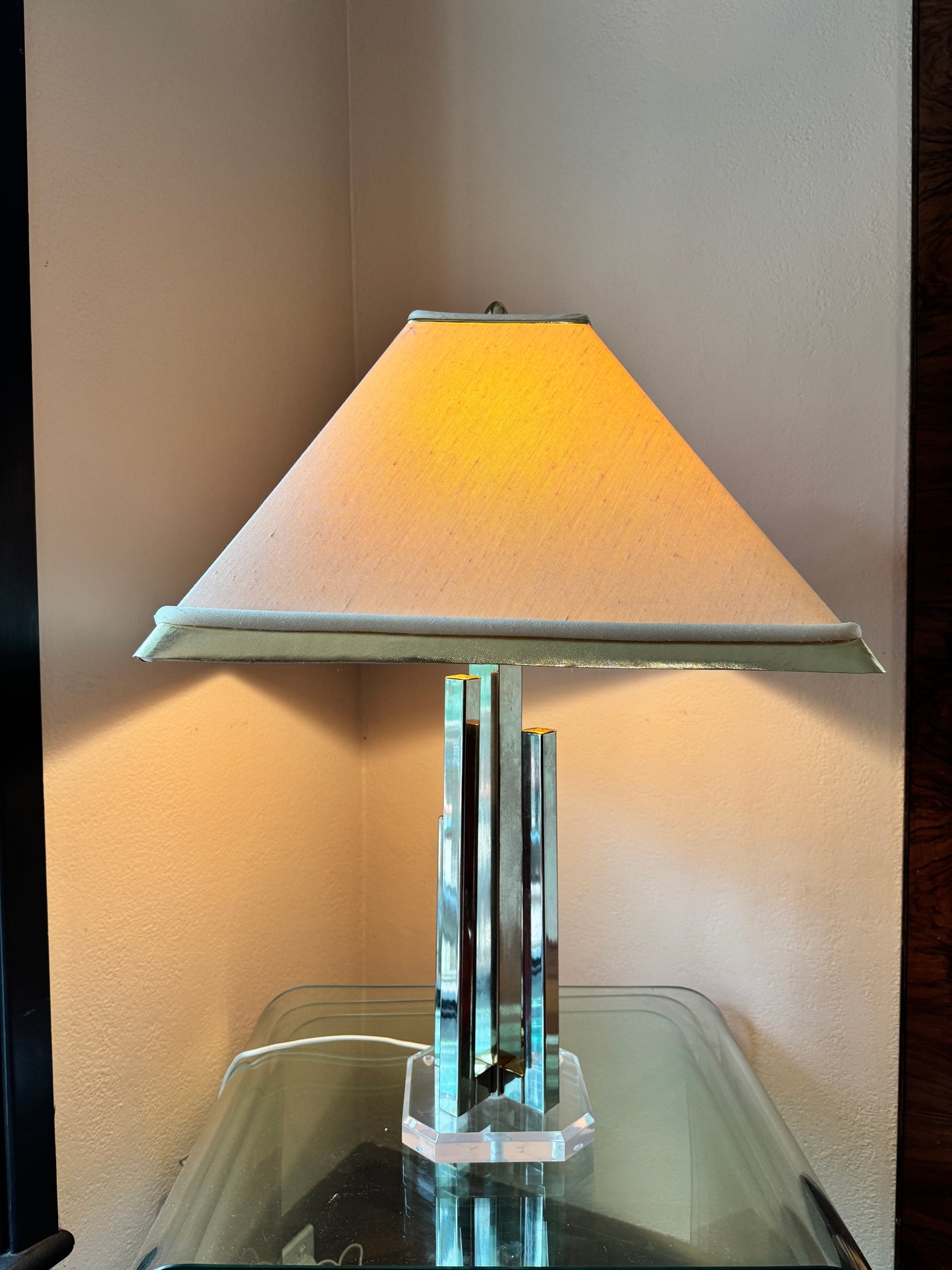 1 of 2 Willy Rizzo brutalist brass lamps on lucite base