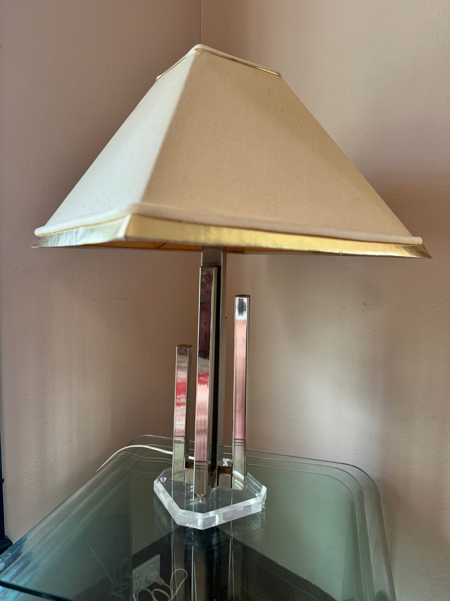 1 of 2 Willy Rizzo brutalist brass lamps on lucite base