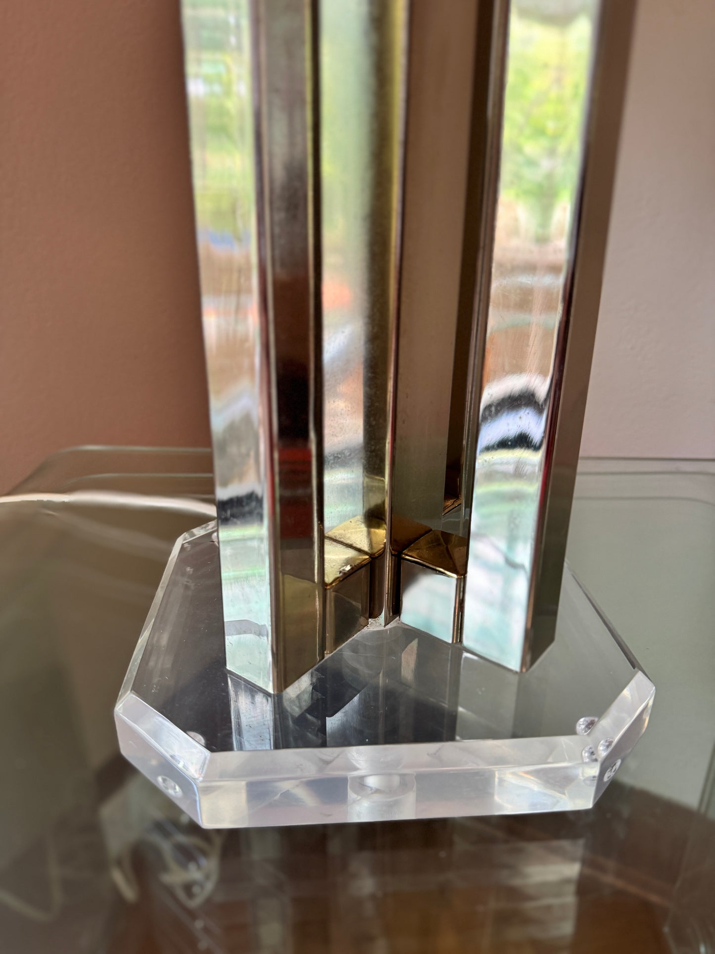 1 of 2 Willy Rizzo brutalist brass lamps on lucite base