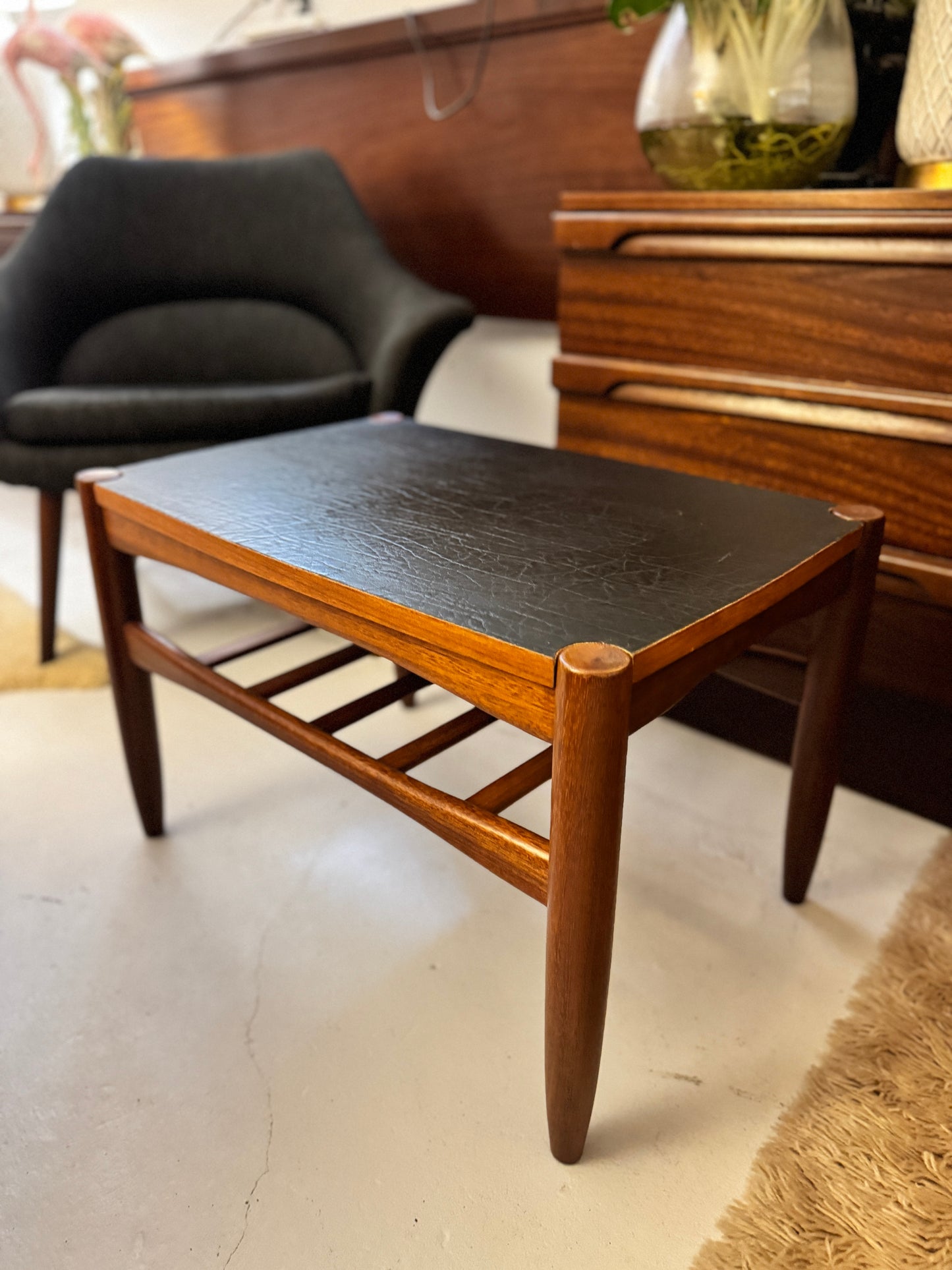 Danish Deluxe Reversible Side Table – Teak & Black Vinyl, 1960s