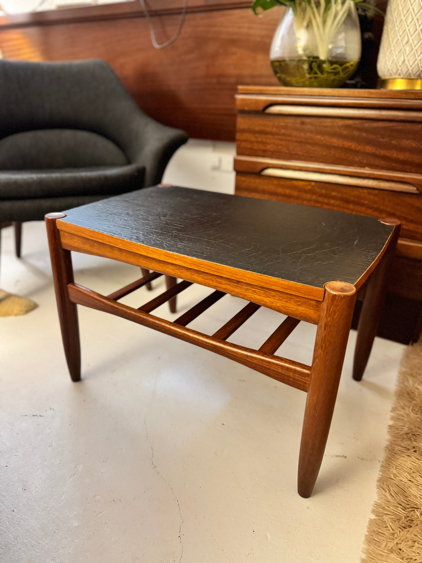 Danish Deluxe Reversible Side Table – Teak & Black Vinyl, 1960s