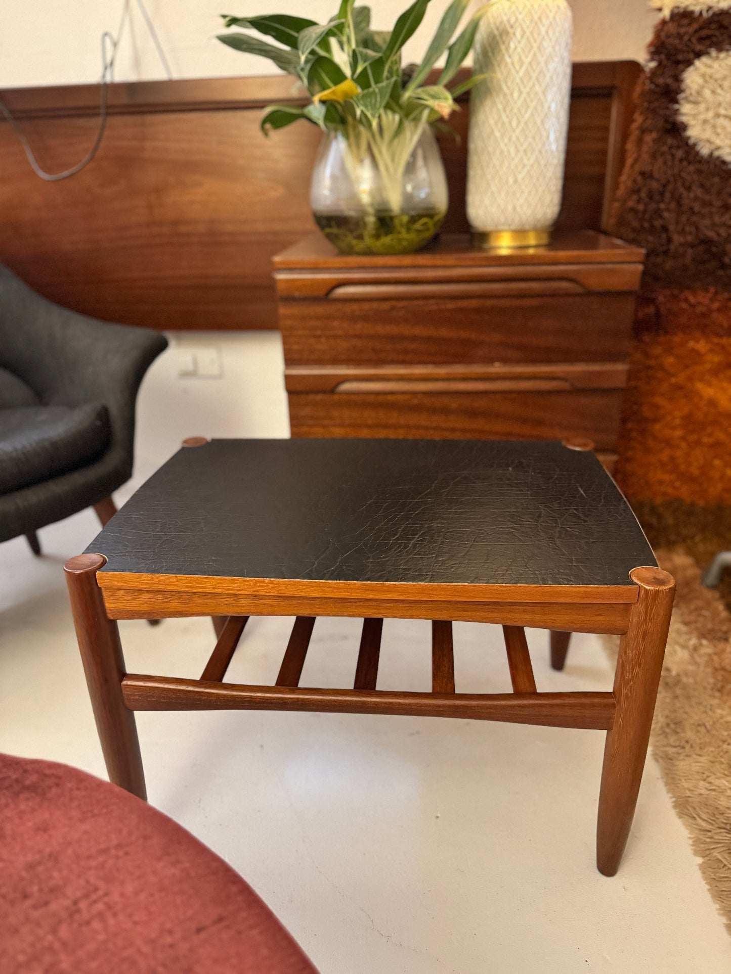 Danish Deluxe Reversible Side Table – Teak & Black Vinyl, 1960s