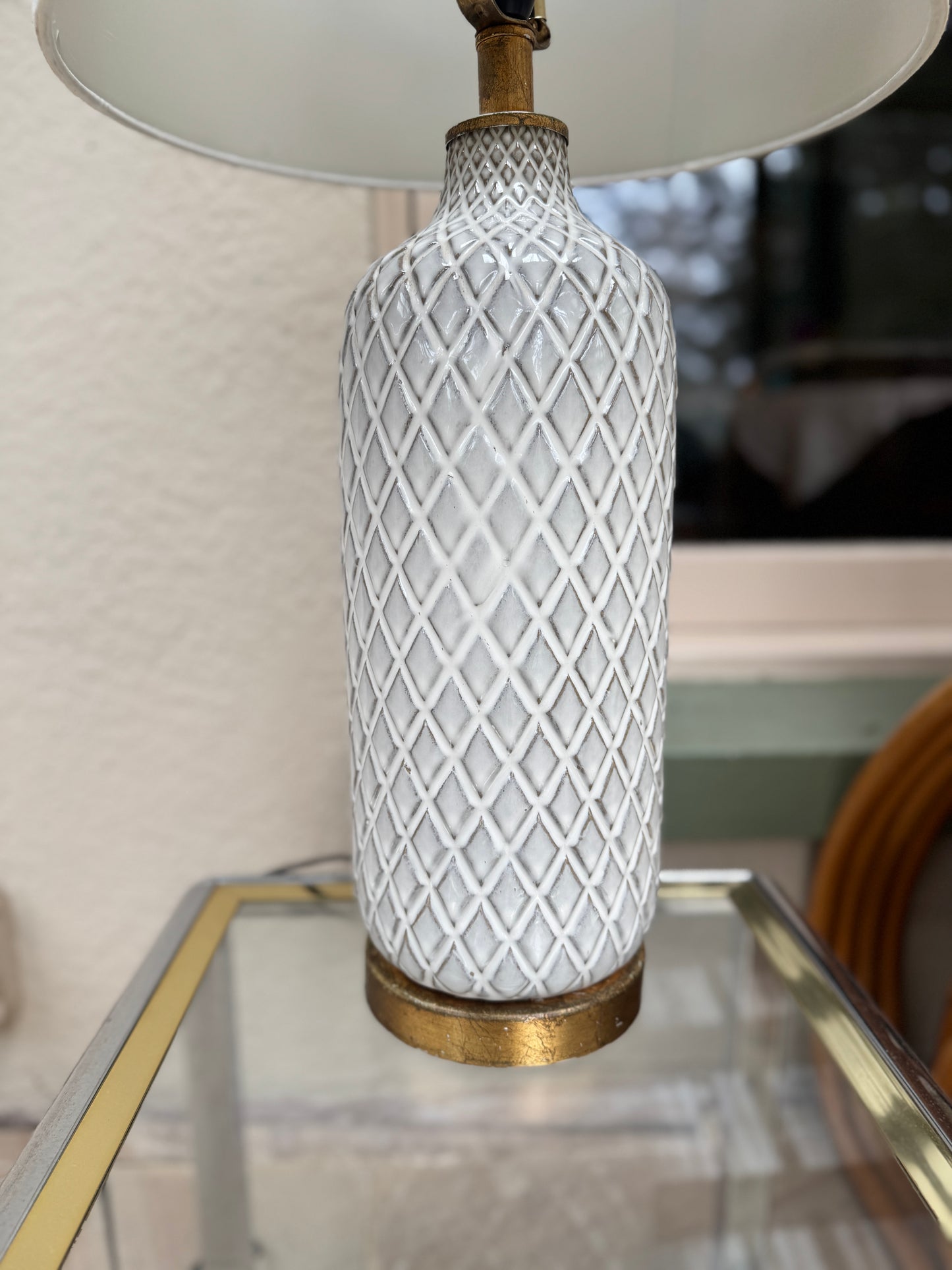 1 of 2 vintage ceramic lamps with drum shades