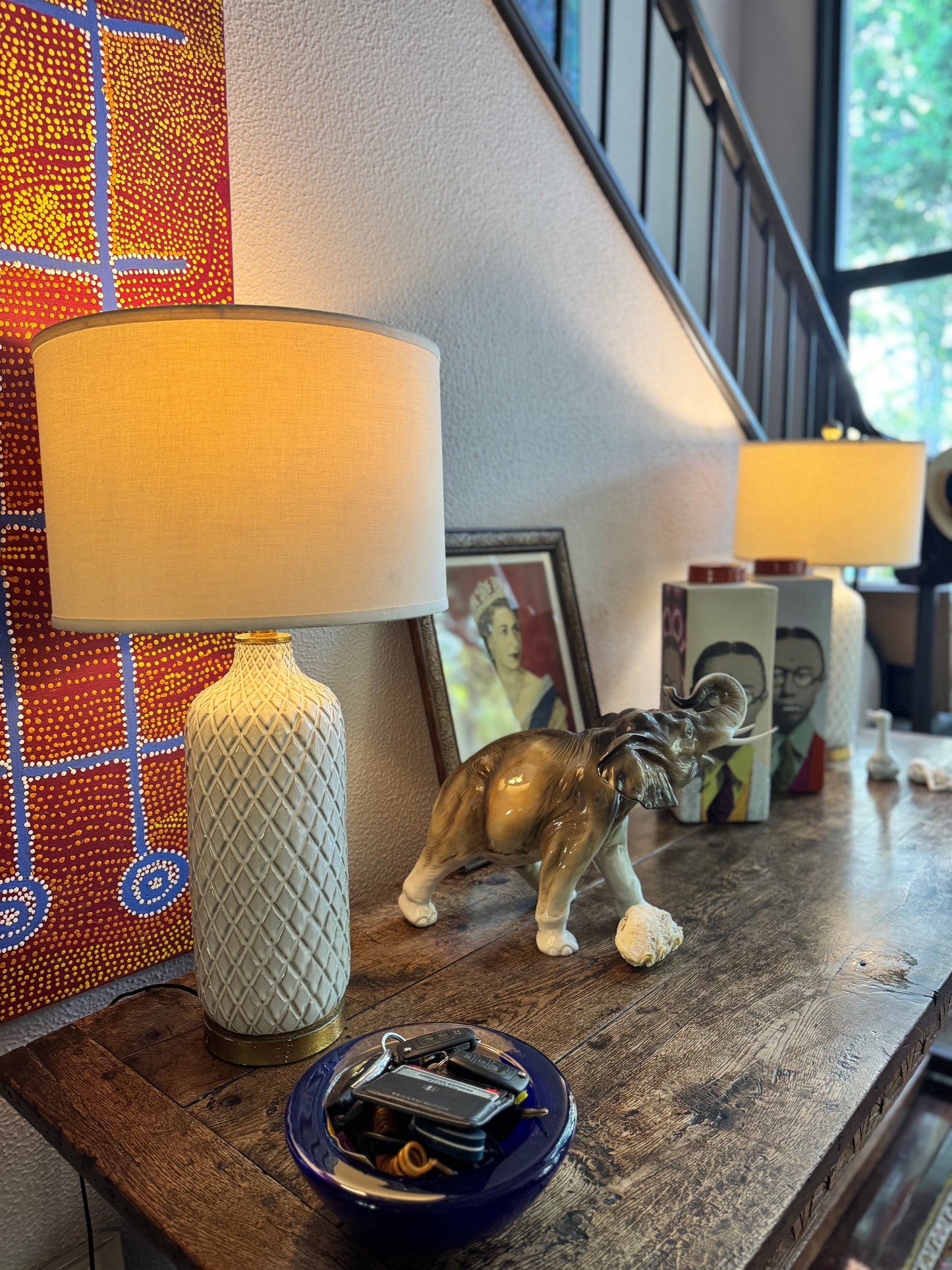 1 of 2 vintage ceramic lamps with drum shades
