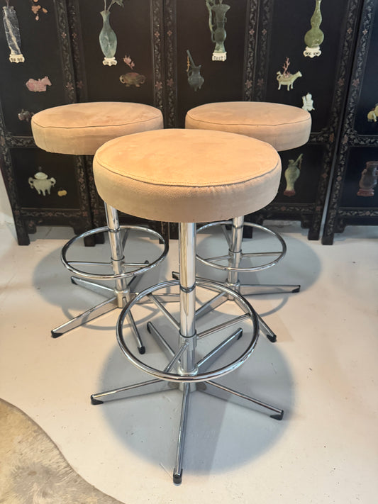 Vintage 1970s Chrome bar stools with brushed fabric seats