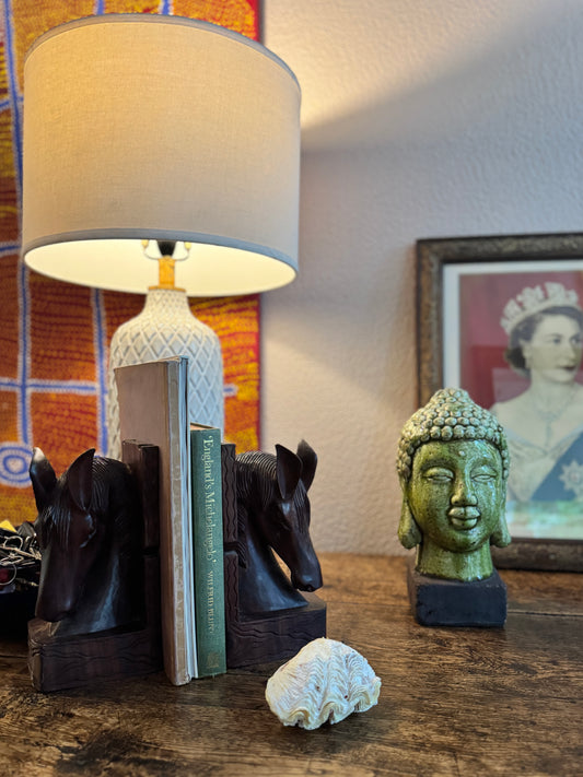 1 of 2 vintage ceramic lamps with drum shades