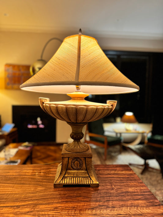 1 of 2 Neoclassical Greek Revival urn lamps with silk pagoda shades