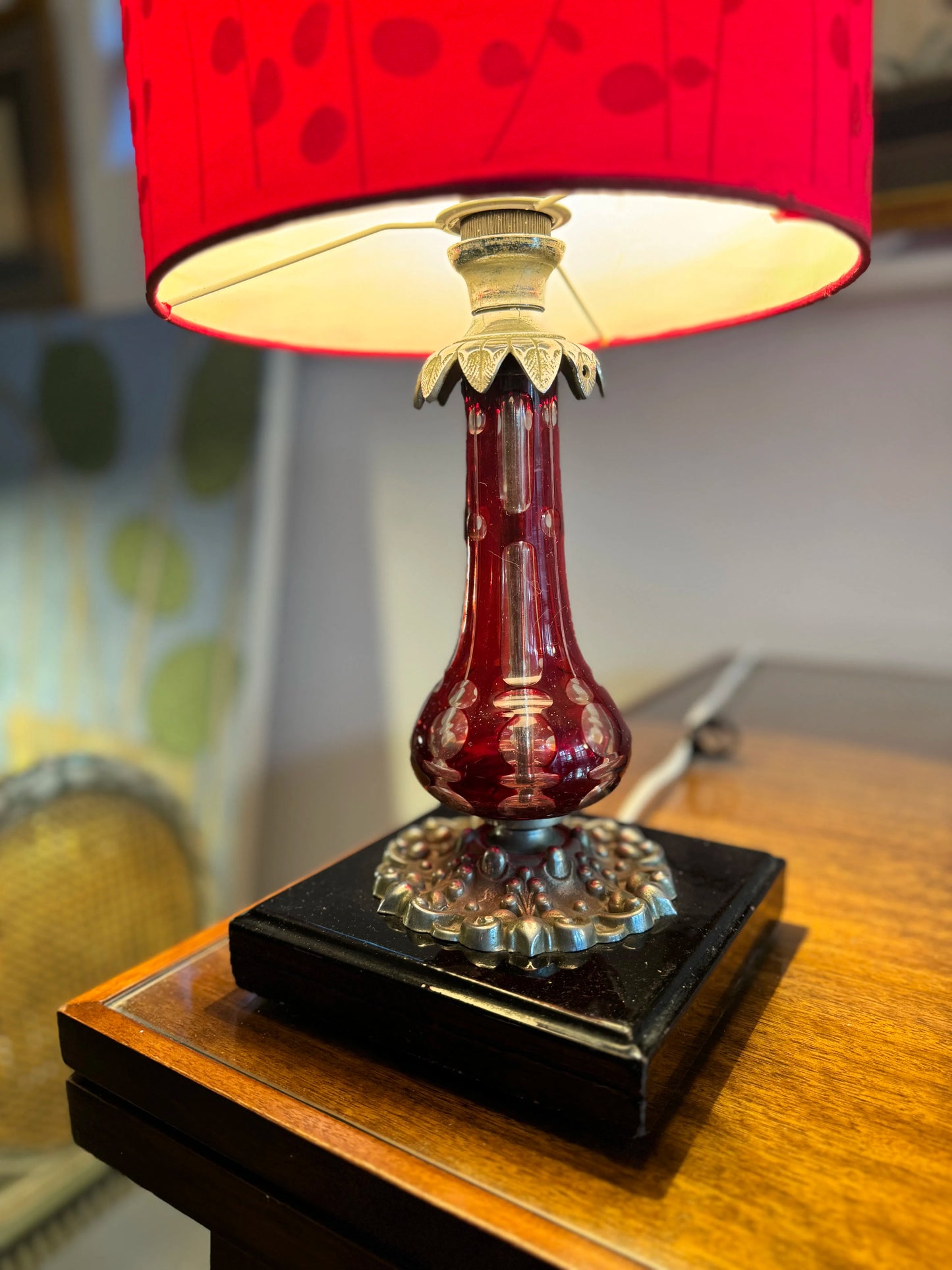 Bohemian ruby cut glass lamp with red shade