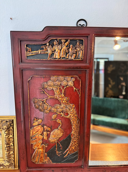 1930 chinoiserie red lacquer mirror with hand carved details