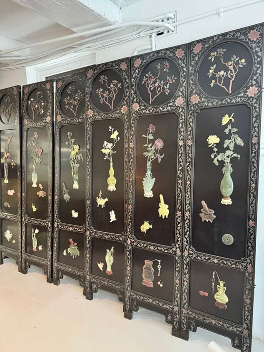 Chinese export 6 panel lacquer and semi precious stone coromandel