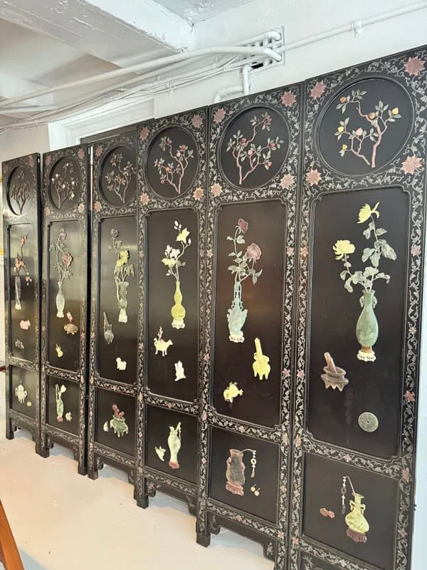 Chinese export 6 panel lacquer and semi precious stone coromandel