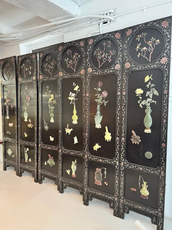 Chinese export 6 panel lacquer and semi precious stone coromandel