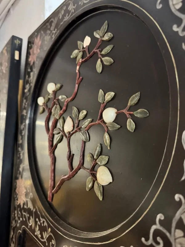 Chinese export 6 panel lacquer and semi precious stone coromandel