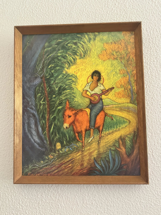 Rare Girl on Donkey vintage print by S RAJKO IN ORIGINAL FRAME