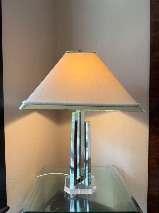 1 of 2 Willy Rizzo brutalist brass lamps on lucite base